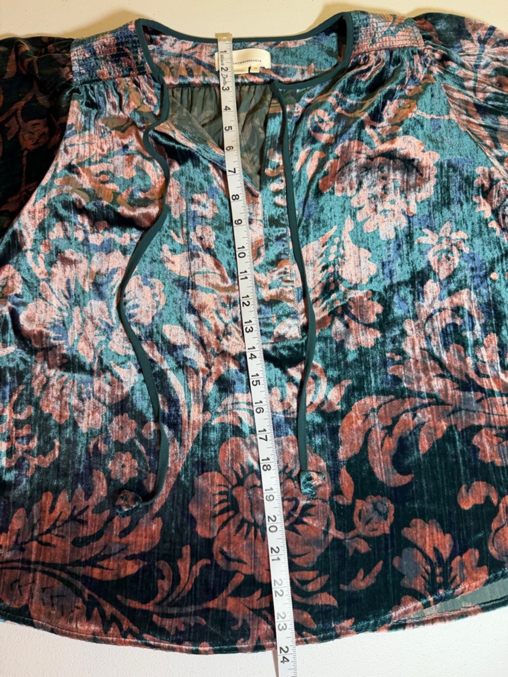 Anthropologie Velvet Floral Blouse – Boho Romantic Top, Teal With Pink, Shiny - Picture 8 of 8